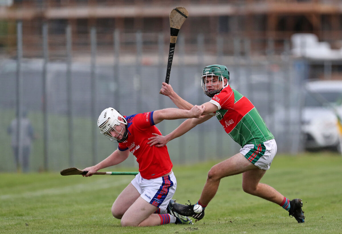  Eoghan Maher, Dripsey, and James Byrne, Ballinora, battle for the ball during the Muskerry JAHC final last year. Picture: Jim Coughlan