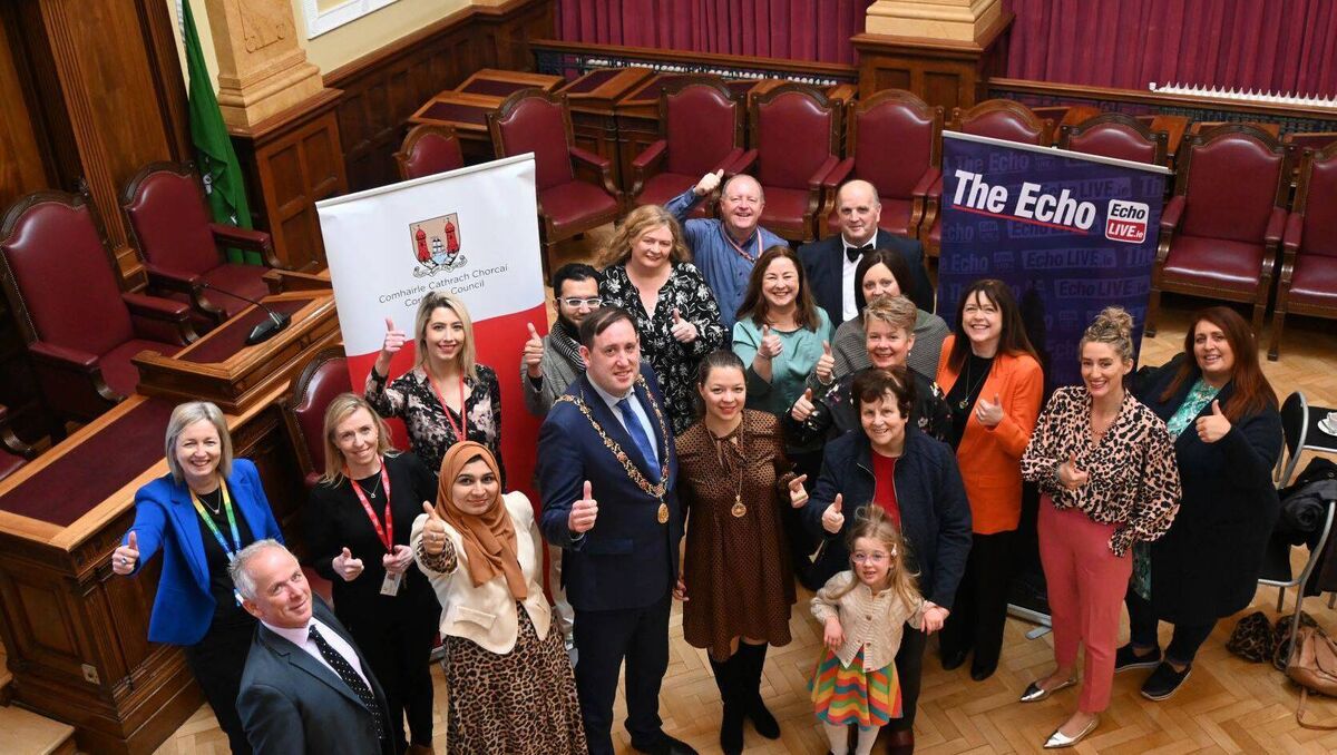 Lord Mayor, Cllr. Kieran McCarthy and Lady Mayoress Marcelline Bonneau at the launch of the 2024 Lord Mayor’s Community and Voluntary Awards, pictured with The Echo Editor Gráinne McGuinness, City Council and Echo staff and representatives of previous winning groups including Young at Heart Douglas Seniors, Mayfield Arts, Green Spaces for Health, Pakastani Community in Cork and Newberry House. Picture: Cork City Council 