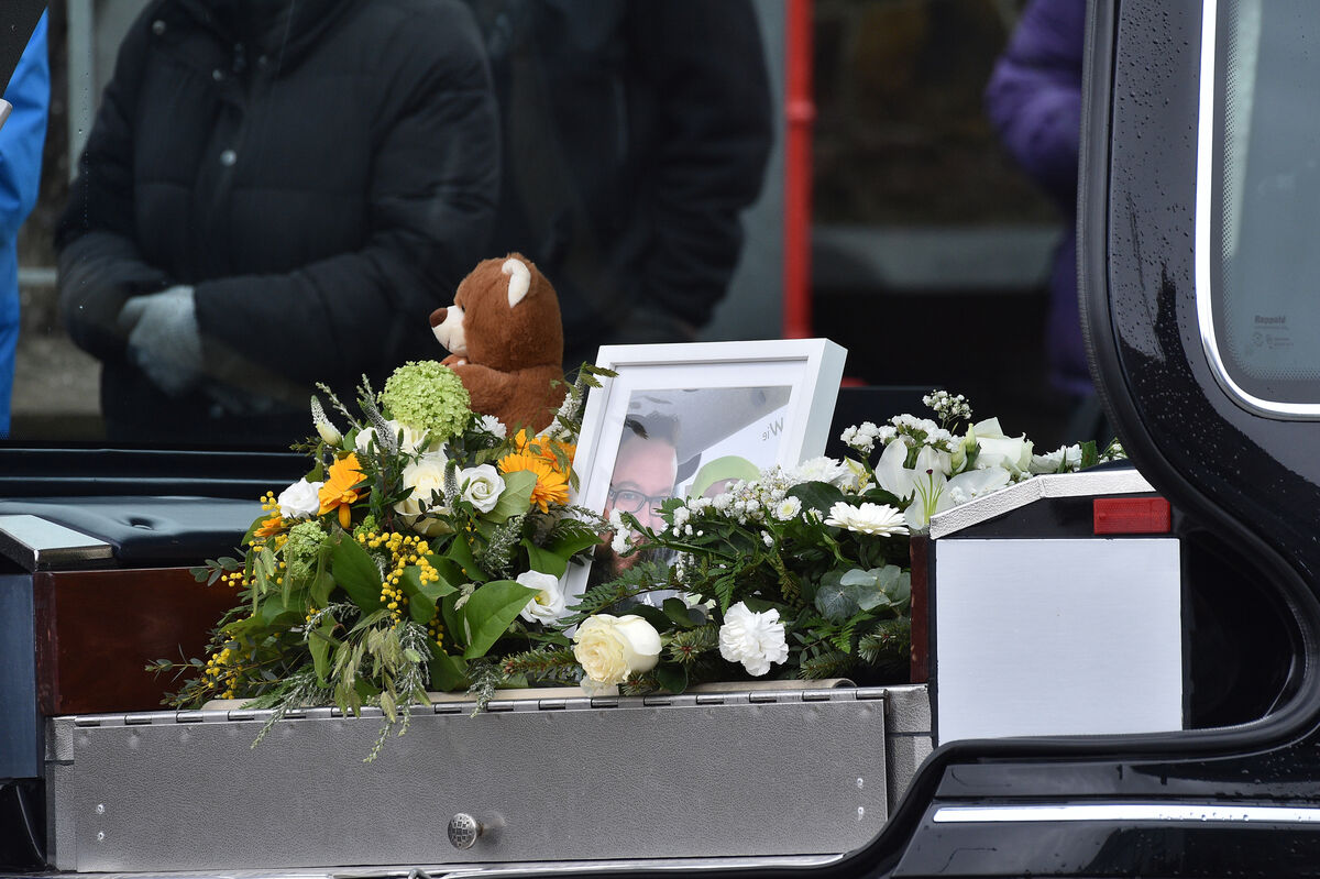  A teddy bear in the hearse at the Church of the Immaculate Conception for requiem mass in Watergrasshill, Cork. Picture Dan Linehan