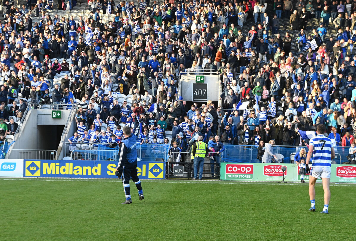 Castlehaven manager James McCarthy and captain Mark Collins celebrate in front of their supporters after defeating Nemo Rangers in the Premier SFC final last season. Picture: Eddie O'Hare