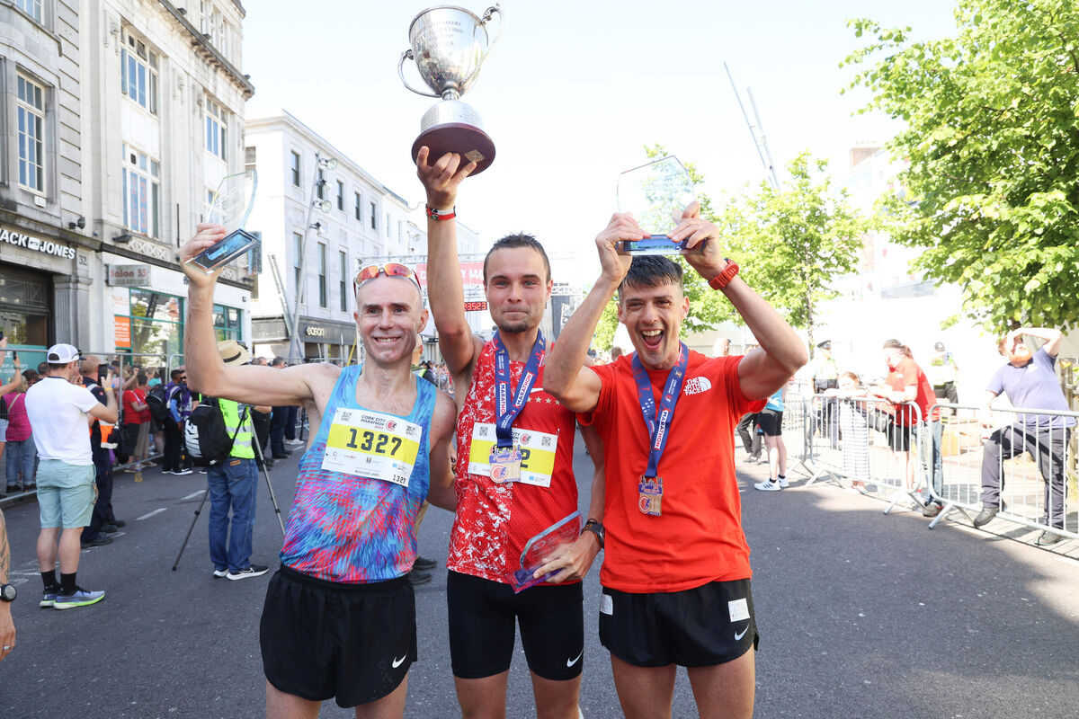 George O’Hanlon, Clonliffe Harriers who finished second, Pawel Kosek who finished first, and Tudor Mircea, Clonliffe Harriers at the 2023 Cork City Marathon. George O’Hanlon, Clonliffe Harriers who finished second, Pawel Kosek who finished first, and Tudor Mircea, Clonliffe Harriers at the 2023 Cork City Marathon.