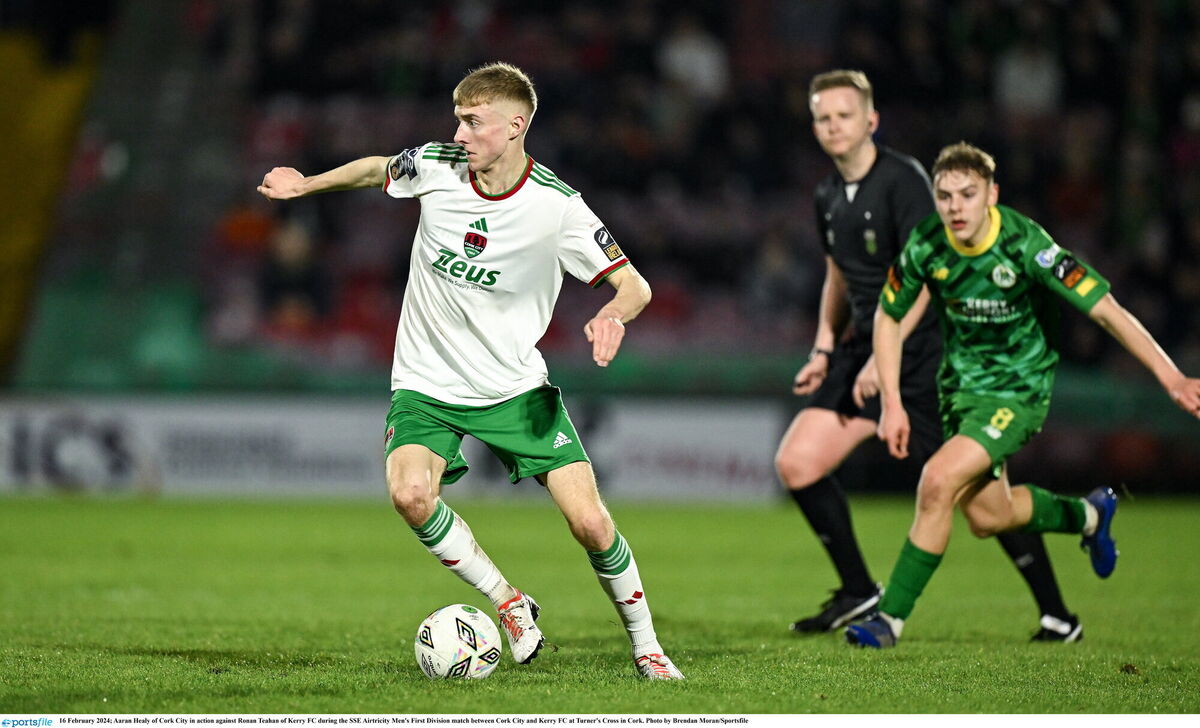 Aaran Healy of Cork City in action against Ronan Teahan of Kerry FC. Picture: Brendan Moran/Sportsfile