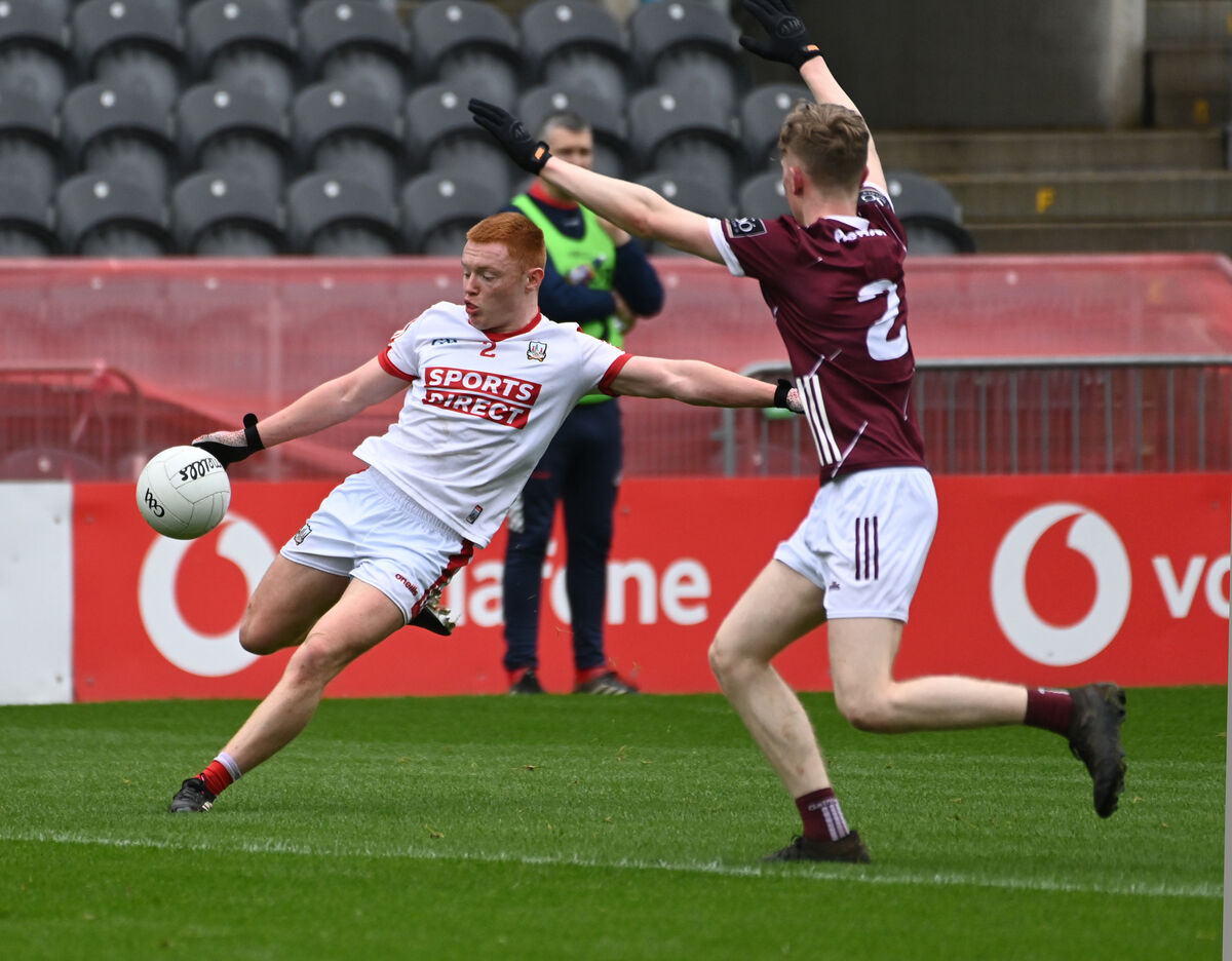 Cork's Dan Twomey shoots from Galway's Brian Mitchell. Picture: Eddie O'Hare Cork's Dan Twomey shoots from Galway's Brian Mitchell. Picture: Eddie O'Hare