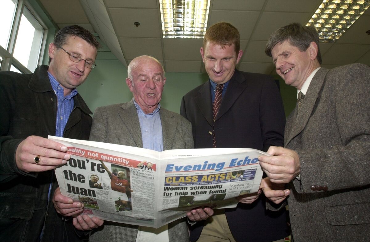 Cork camogie manager Pa Finn (second from left), coach Jim McCarthy and John McHale and Vincent Kelly of the Evening Echo at the reception for the Cork camgie team following the All-Ireland win of 2002. Picture: Gavin Browne Cork camogie manager Pa Finn (second from left), coach Jim McCarthy and John McHale and Vincent Kelly of the Evening Echo at the reception for the Cork camgie team following the All-Ireland win of 2002. Picture: Gavin Browne