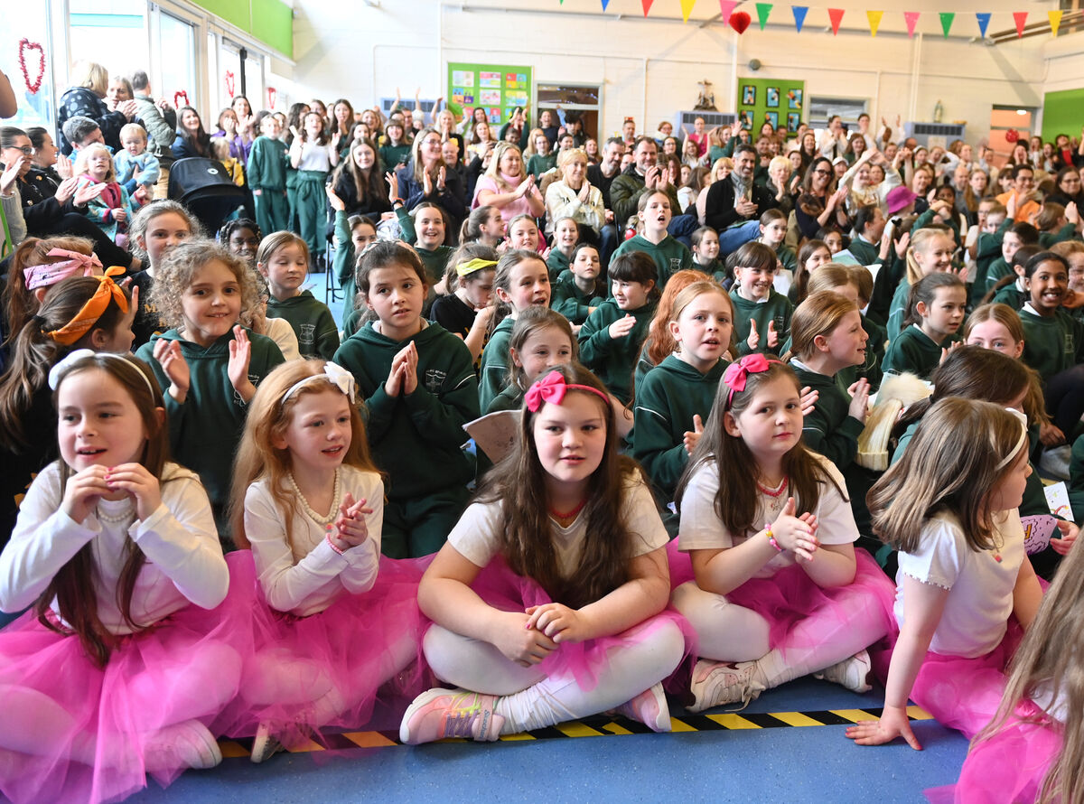 Young dance performers watch the special guest 'Harry Styles' performing' at the Scoil Bhríde Eglantine Schoolovision Song Contest. Pic: Larry Cummins