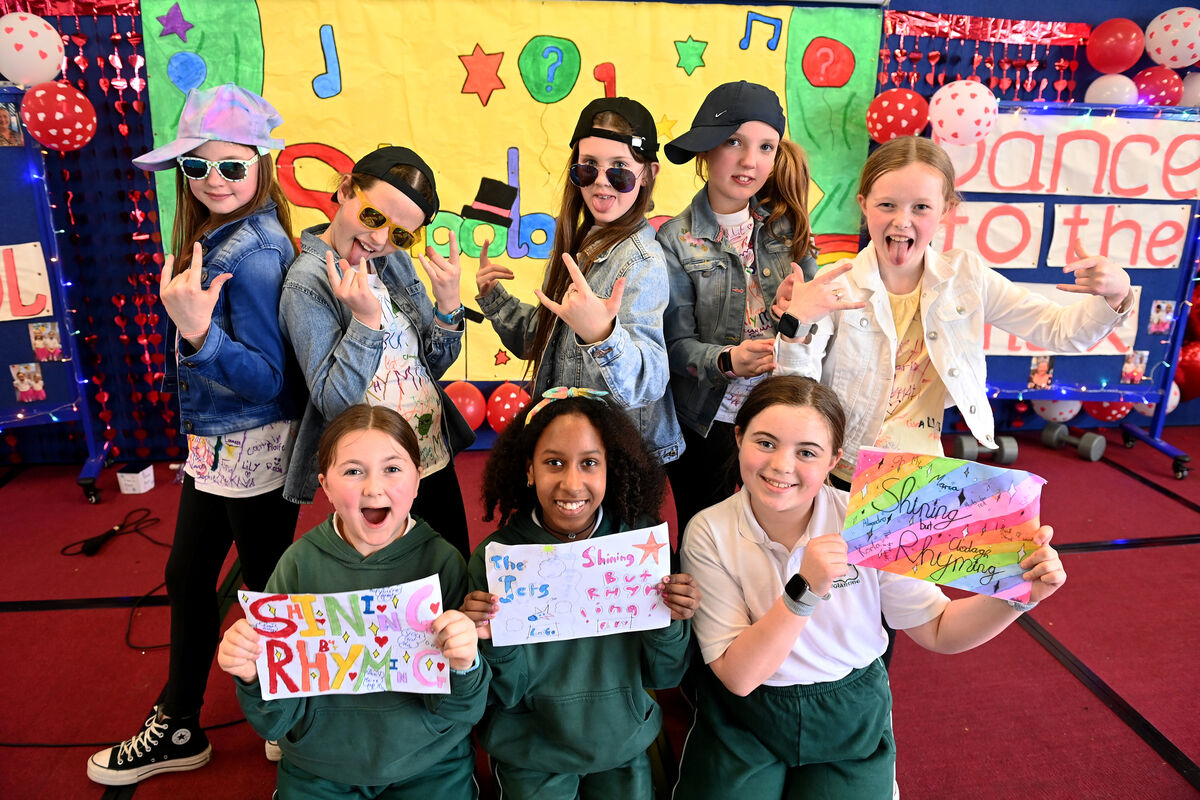 Pop band 'Shining But Rhyming' and superfans at the Scoil Bhríde Eglantine annual Schoolovision Song Contest: Larry Cummins