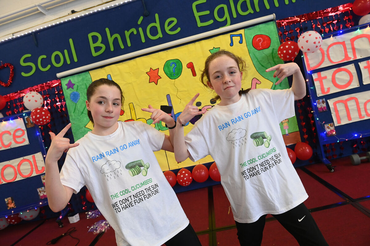 'The Cool Cucumbers' Kate &amp; Elsie performed their song 'poor Old Rainy Ireland' at the Scoil Bhríde Eglantine annual Schoolovision Song Contest. Pic: Larry Cummins