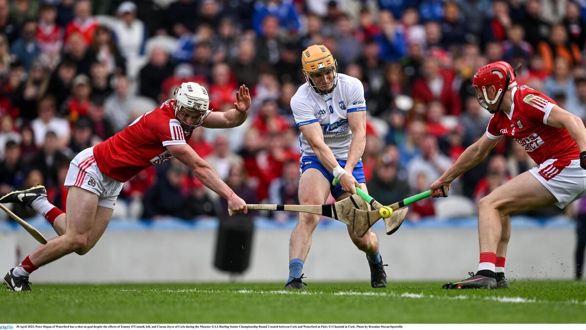 Tommy O'Connell and Ciarán Joyce close down Waterford's Peter Hogan in last year's Munster SHC game. Picture: Brendan Moran/Sportsfile