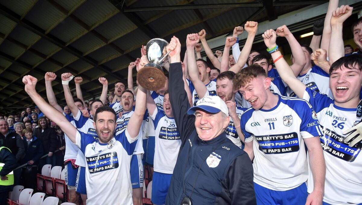 Knocknagree's manager John Fintan Daly and captain Matthew Dilworth raise the trophy after defeating Erin's Own in the County JAFC final in 2017. Picture: Eddie O'Hare Knocknagree's manager John Fintan Daly and captain Matthew Dilworth raise the trophy after defeating Erin's Own in the County JAFC final in 2017. Picture: Eddie O'Hare