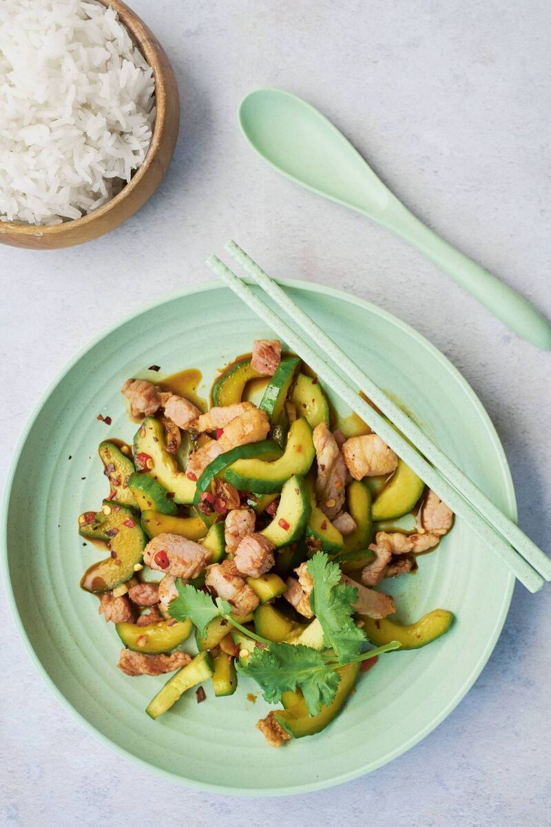 Ching-He Huang's Sichuan pork with cucumber and chilli sauce. 