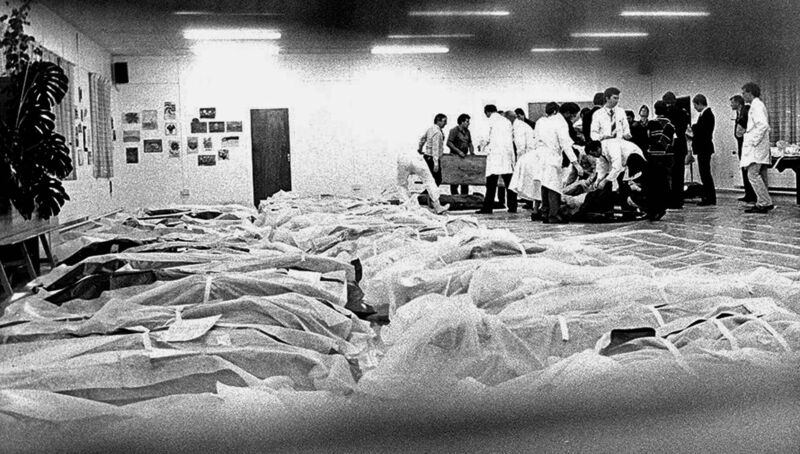 Denis Minihane's dramatic picture of the remains of victims from the Air India Flight 182 air disaster on June 23rd., 1985, in a temporary morgue at Cork Regional Hospital (now Cork University Hospital). Photo Denis Minihane, Irish Examiner Archive
