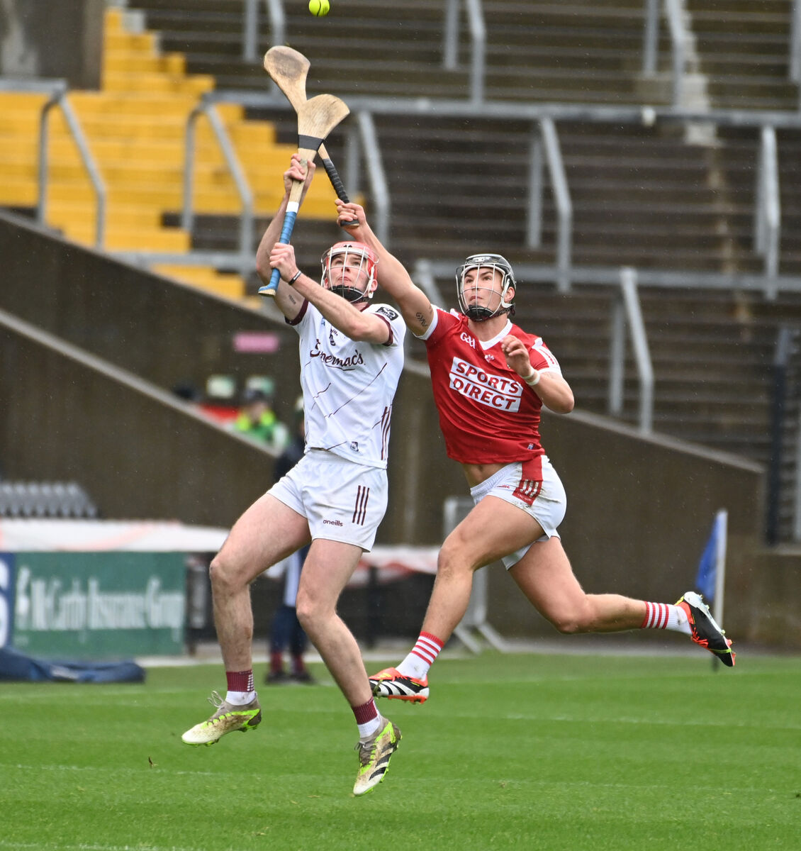 Cork's James Dwyer goes high with Galway's Oisin Lohan. Picture: Eddie O'Hare
