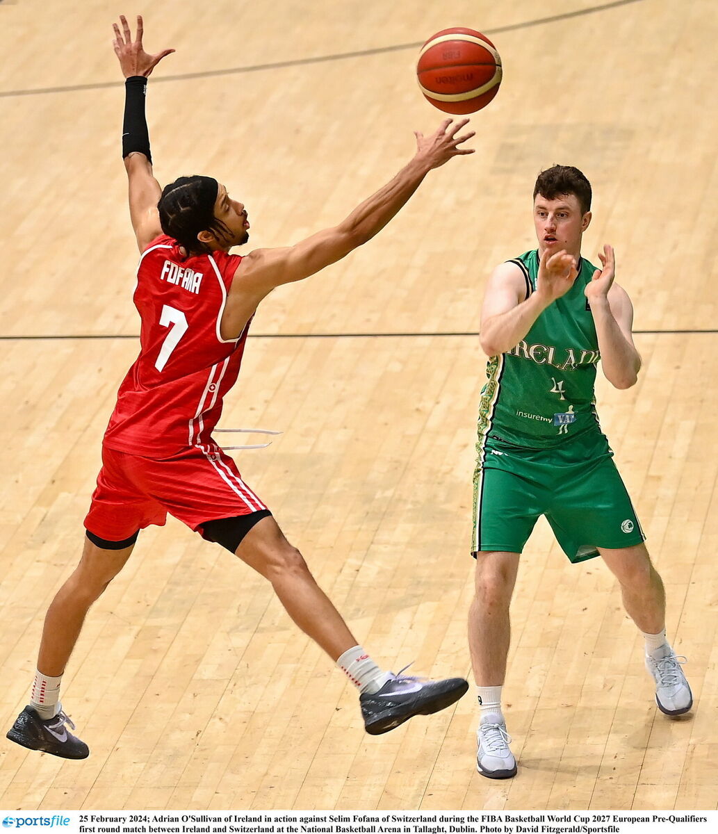 Adrian O'Sullivan of Ireland in action against Selim Fofana of Switzerland during the FIBA Basketball World Cup 2027 European Pre-Qualifiers first round match between Ireland and Switzerland at the National Basketball Arena in Tallaght, Dublin. Photo by David Fitzgerald/Sportsfile