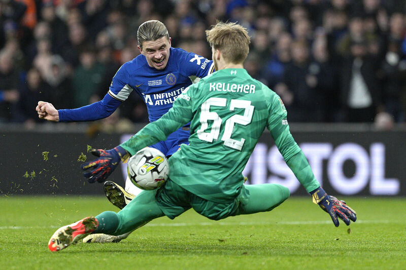 Chelsea's Conor Gallagher makes an attempt to score past Liverpool's goalkeeper Caoimhin Kelleher during the English League Cup final soccer match between Chelsea and Liverpool at Wembley Stadium Chelsea's Conor Gallagher makes an attempt to score past Liverpool's goalkeeper Caoimhin Kelleher during the English League Cup final soccer match between Chelsea and Liverpool at Wembley Stadium