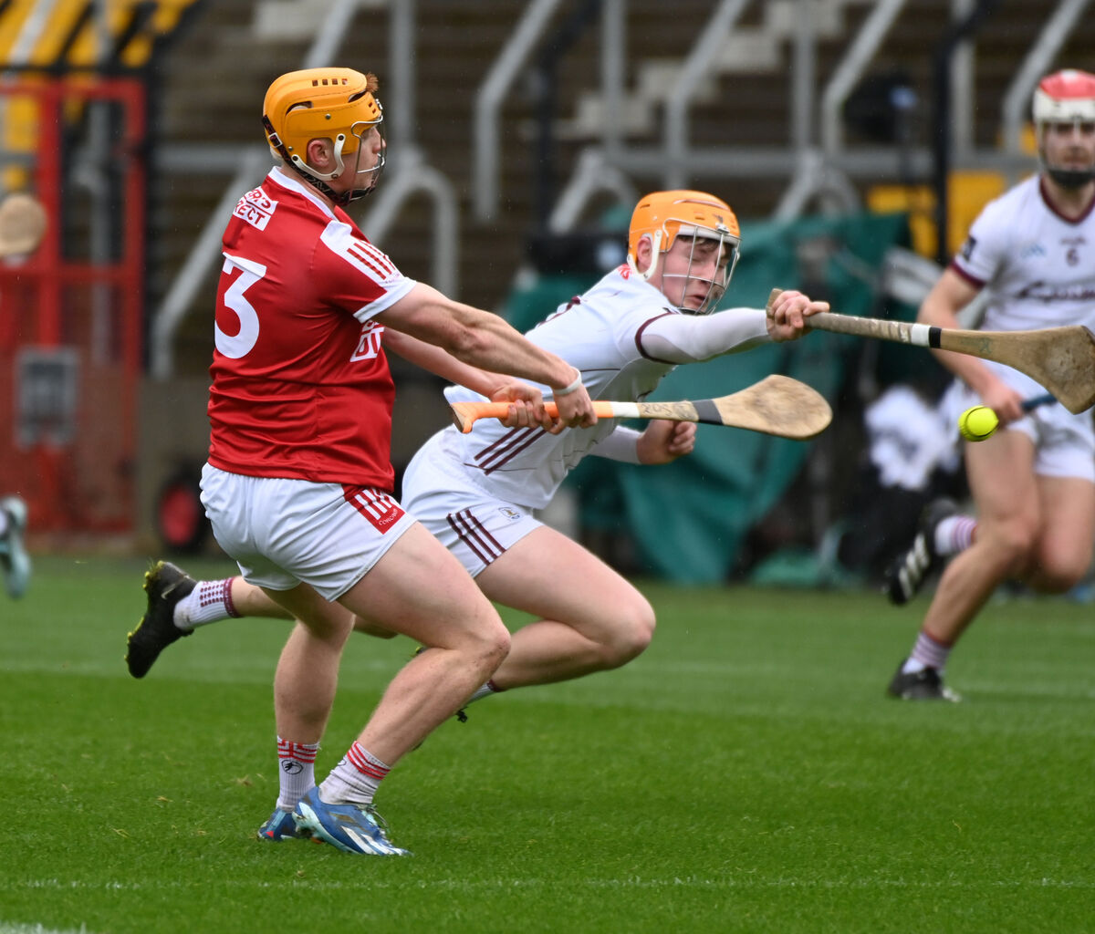 Cork's Ross O'Sullivan gets a shot in as Galway's Cillian Trayers. Picture: Eddie O'Hare Cork's Ross O'Sullivan gets a shot in as Galway's Cillian Trayers. Picture: Eddie O'Hare