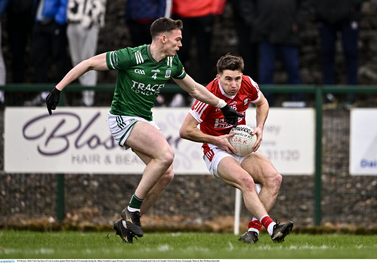 Chris Óg Jones of Cork in action against Oisin Smyth of Fermanagh. Picture: Ben McShane/Sportsfile Chris Óg Jones of Cork in action against Oisin Smyth of Fermanagh. Picture: Ben McShane/Sportsfile