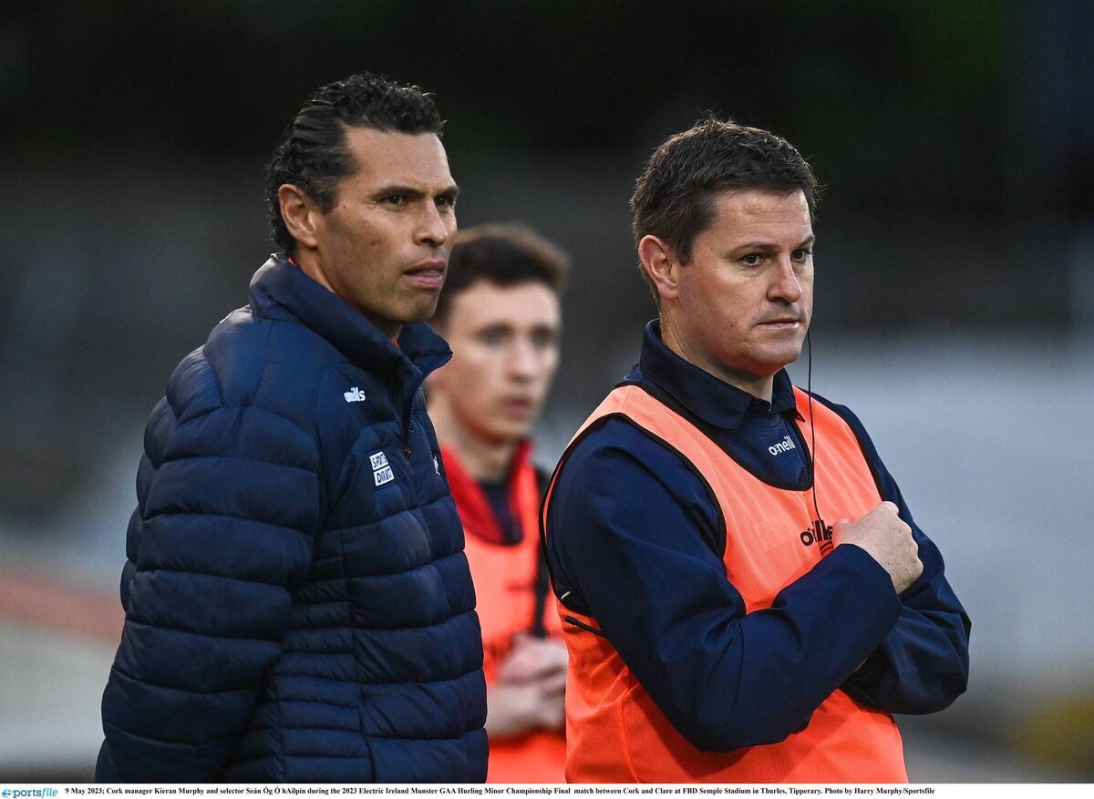 Seán Óg Ó hAilpín pictured during last year's Electric Ireland Munster MHC game between Cork and Tipperary - he served as coach under manager Kieran Murphy (right). Picture: Harry Murphy/Sportsfile