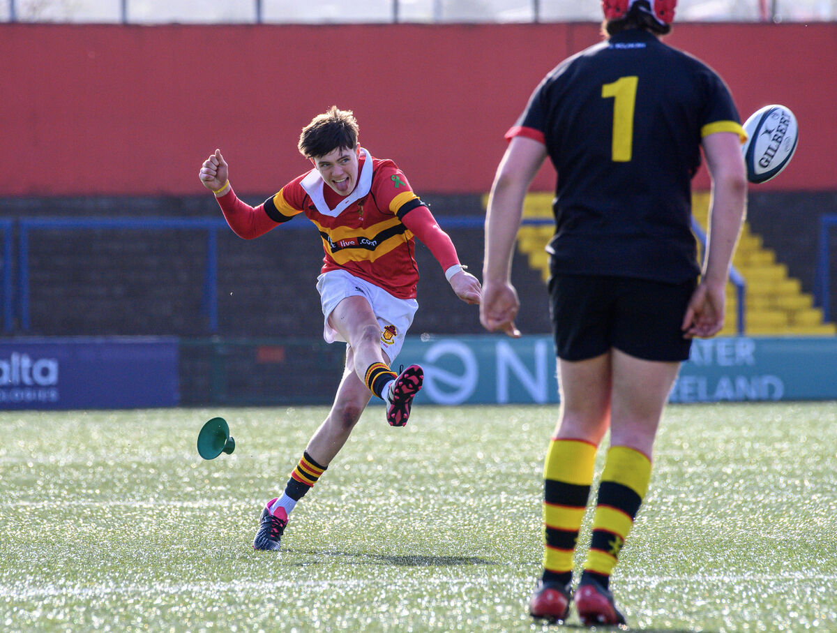  CBC full-back Eamon O'Sullivan kicking a penalty before half-time against Ardscoil Rís during their Munster Schools Junior Cup semi-final atVirgin Media Park, Cork. Picture Dan Linehan