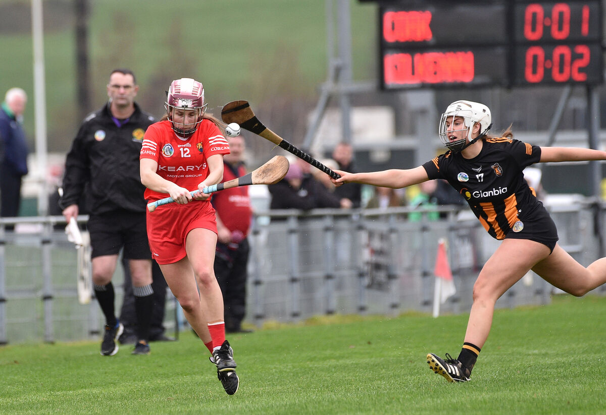  Katie Walsh, Cork under pressure from Carlise Comerford, Kilkenny during their intermediate Very 2B league match at Castle Road, Cork. Picture Dan Linehan