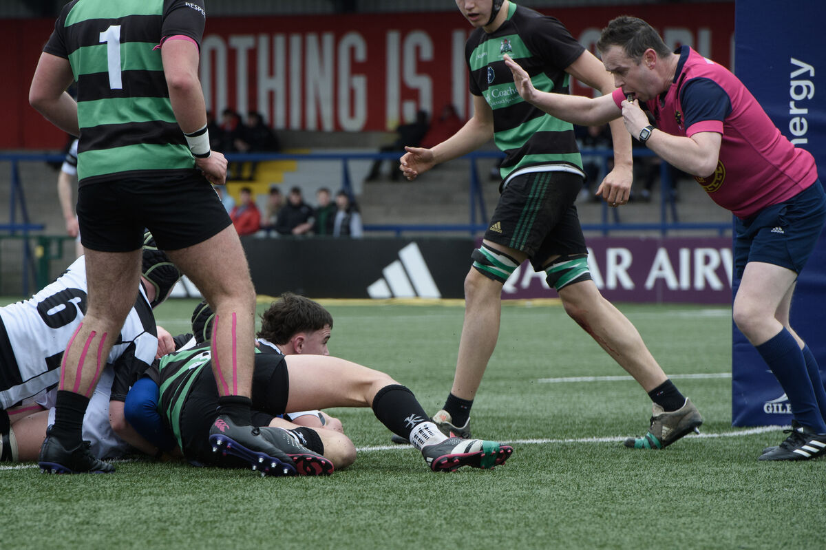  Tom Murray the PBC Captain going over for his side's first try against Bandon Grammar School during their Munster Schools Junior Cup semi-final atVirgin Media Park, Cork. Picture Dan Linehan