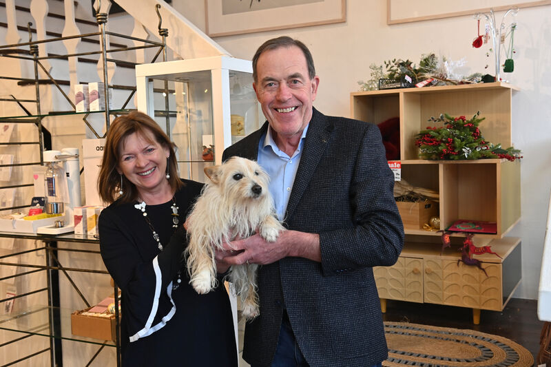  JP and Brigín Quinlan with their dog Toby at Quinlan's Gift shop which is going online. Picture Dan Linehan