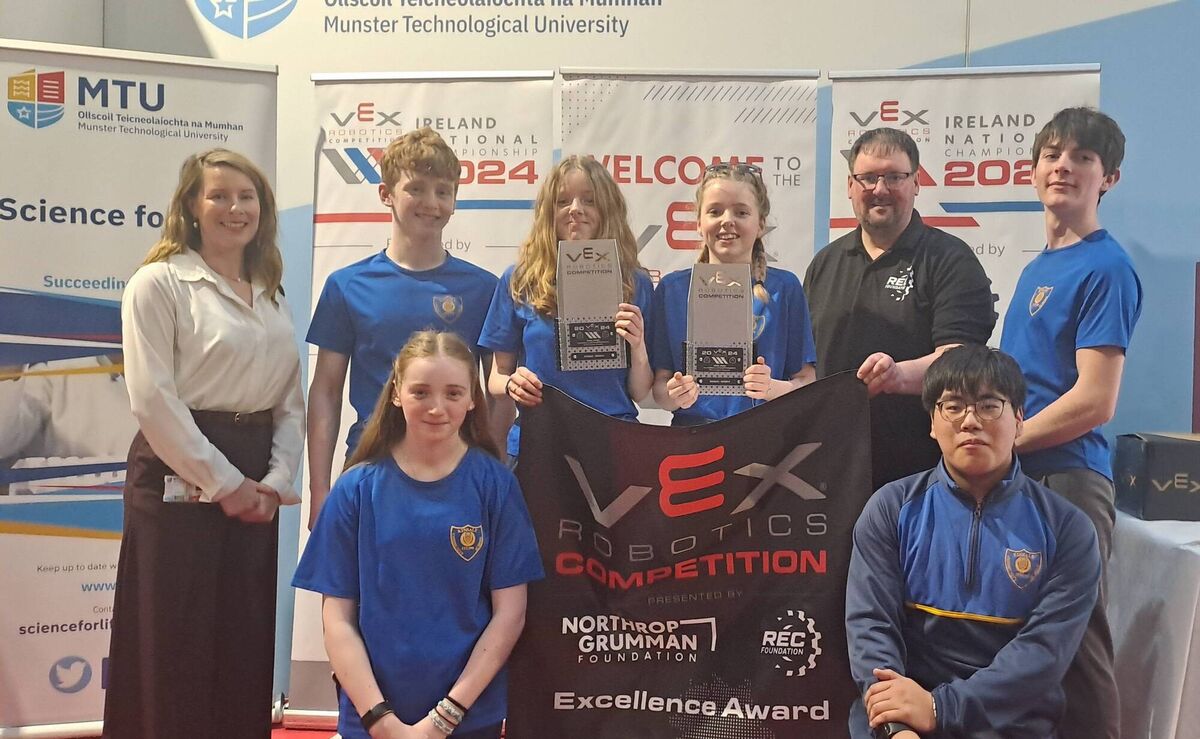 Pictured at VEX National Robotics Final are (L-R) Ms Lawor, Ruairi O Daltuin, Skye Sheedy, Ellie Sheedy, Mr Bale (REC Foundation), Aoife Moloney and Ronan Humphreys.