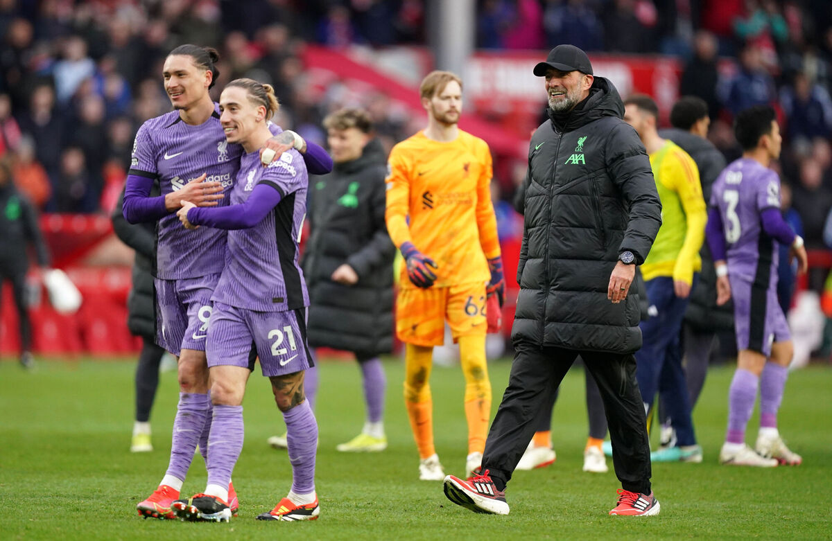 Liverpool manager Jurgen Klopp with Darwin Nunez and Konstantinos Tsimikas following the win over Forest. Picture: Mike Egerton/PA Wire.