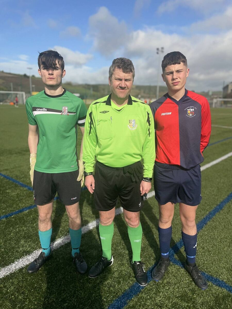 Youth Soccer: Mallow United captain Noah Kelly, referee Vlastimir Albert and Lakewood Athletic captain Daniel Kirstein before their Daly Industrial Supplies U17 League 1 game in Ovens. Youth Soccer: Mallow United captain Noah Kelly, referee Vlastimir Albert and Lakewood Athletic captain Daniel Kirstein before their Daly Industrial Supplies U17 League 1 game in Ovens.
