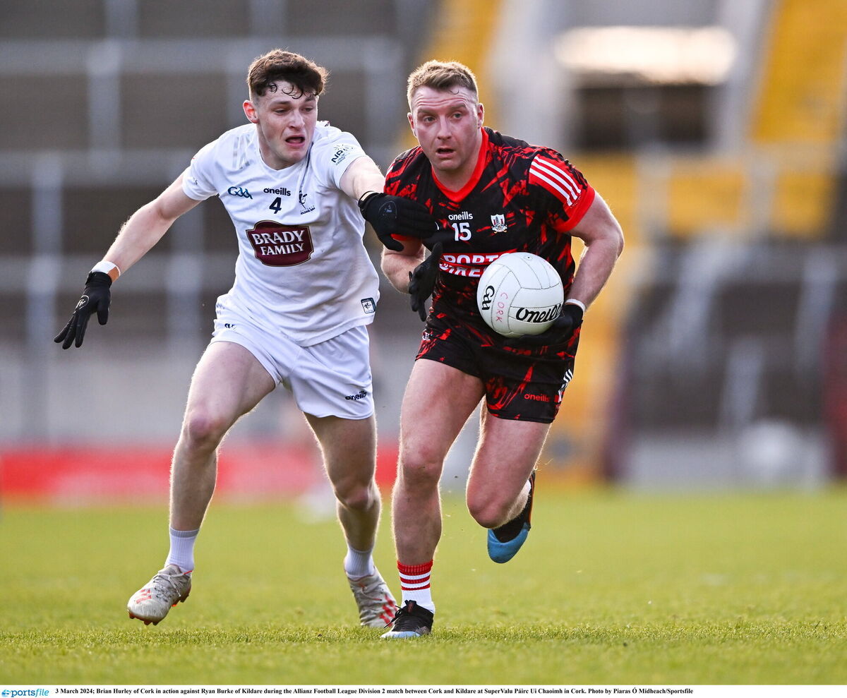 Brian Hurley of Cork in action against Ryan Burke of Kildare at SuperValu Páirc Uí Chaoimh. Picture: Piaras Ó Mídheach/Sportsfile