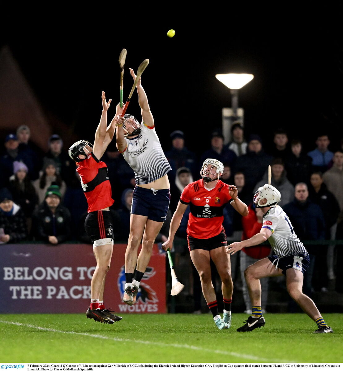 Ger Millerick in UCC colours, contesting an aerial ball against University of Limerick's Gearóid O'Connor in the Electric Ireland Fitzgibbon Cup quarter-final. Picture: Piaras Ó Mídheach/Sportsfile
