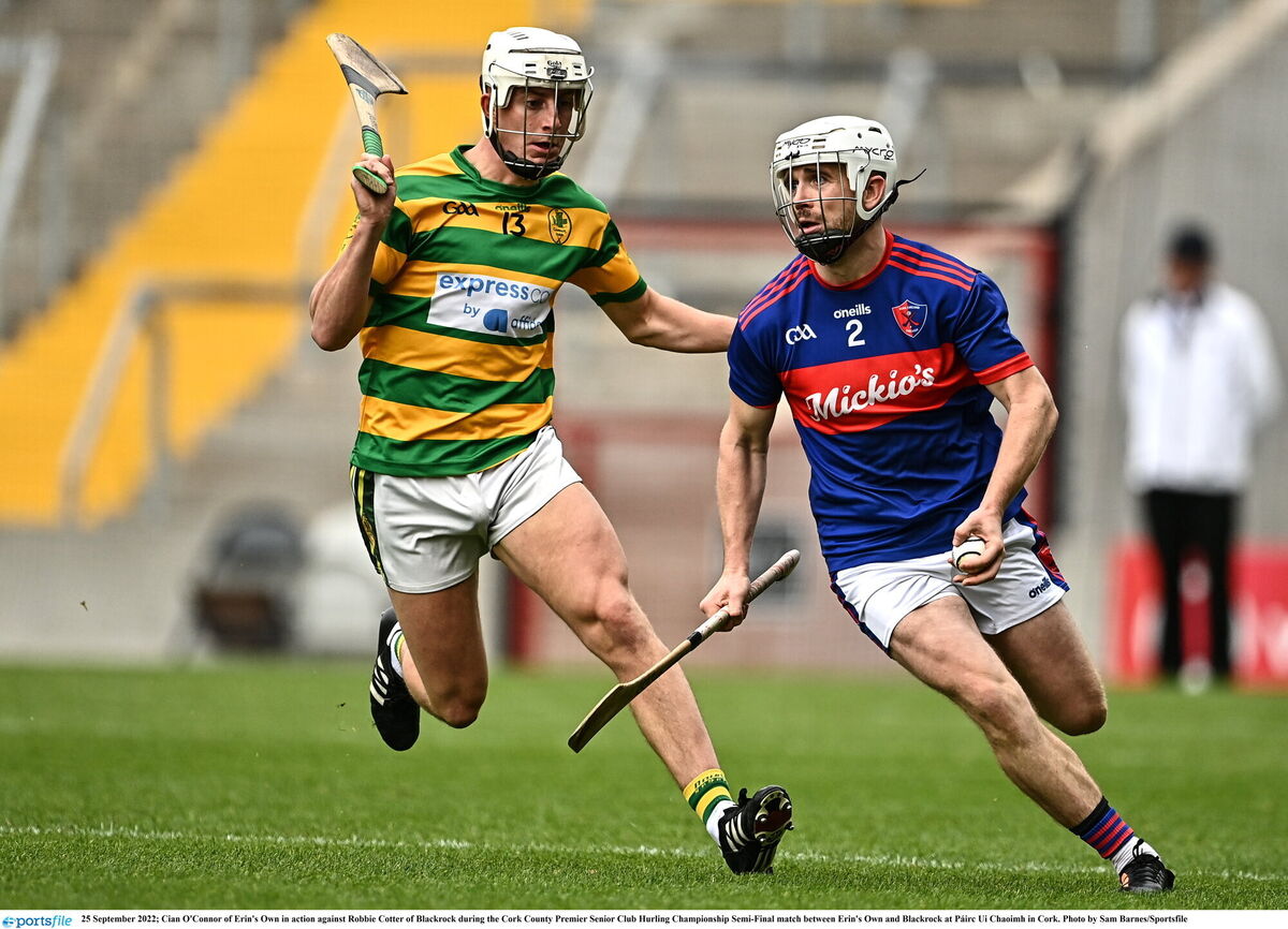Cian O'Connor of Erin's Own in action against Robbie Cotter of Blackrock during the Cork County Premier Senior Club Hurling Championship Semi-Final match between Erin's Own and Blackrock at Páirc Ui Chaoimh in Cork two seasons ago. Photo by Sam Barnes/Sportsfile