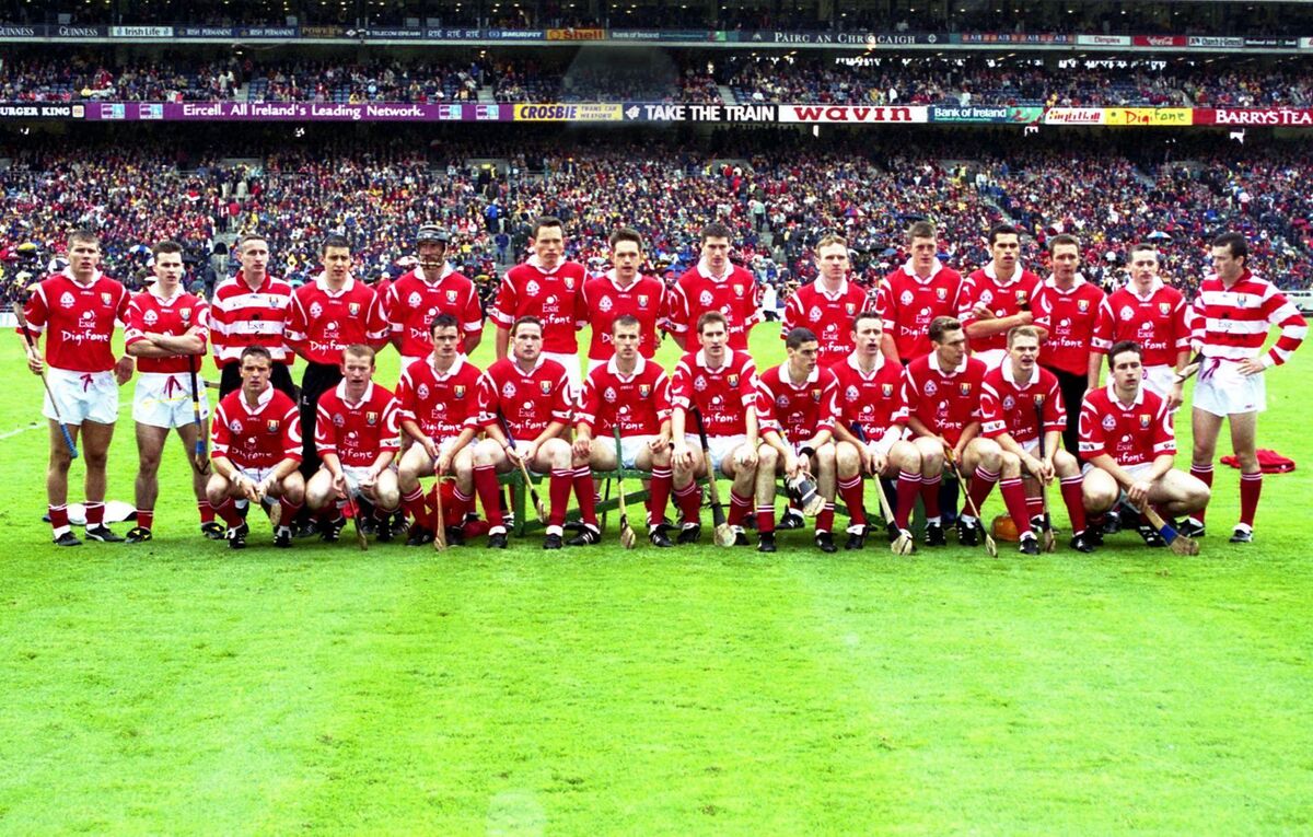 The Cork panel before the 1999 All-Ireland SHC final, with John Browne sixth from left in the back row, next to his brother Alan. 