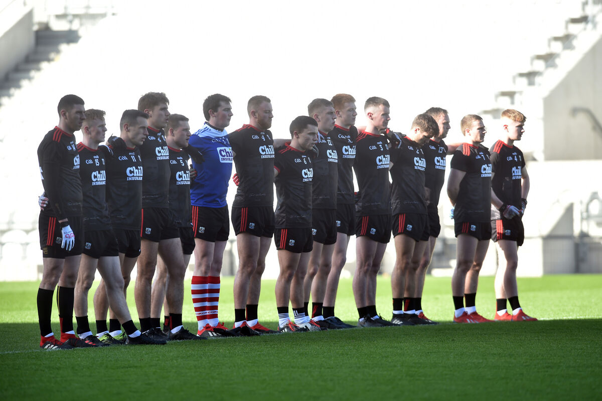 The Cork football team line up for the national anthem before their Allianz FL Division 3 game against Derry in 2020. Picture: Eddie O'Hare The Cork football team line up for the national anthem before their Allianz FL Division 3 game against Derry in 2020. Picture: Eddie O'Hare