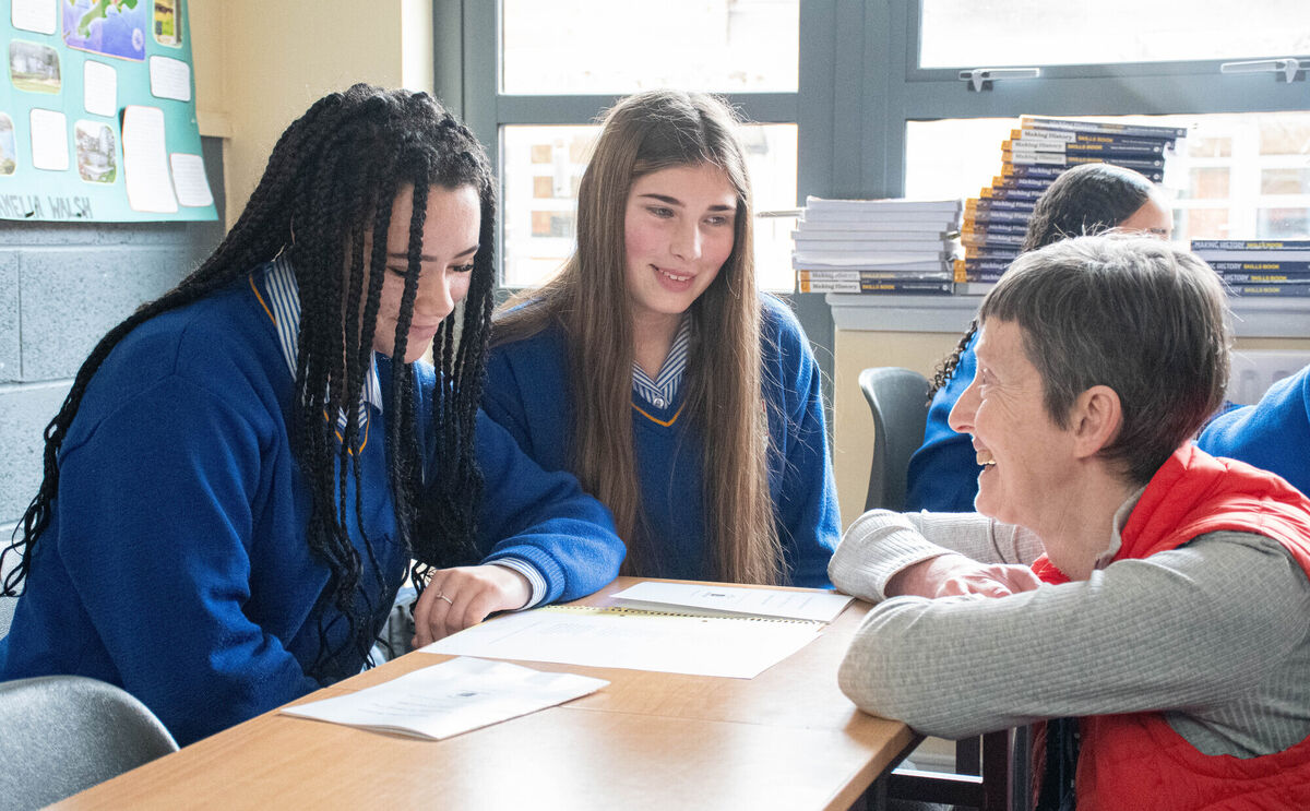 Author Bernadette Gallagher speaking to students Ashleigh O'Sullivan and Serena Ikotun during a Class Workshop during the recent Creative Writing Day in Ursuline College Blackrock. Picture: Howard Crowdy Author Bernadette Gallagher speaking to students Ashleigh O'Sullivan and Serena Ikotun during a Class Workshop during the recent Creative Writing Day in Ursuline College Blackrock. Picture: Howard Crowdy