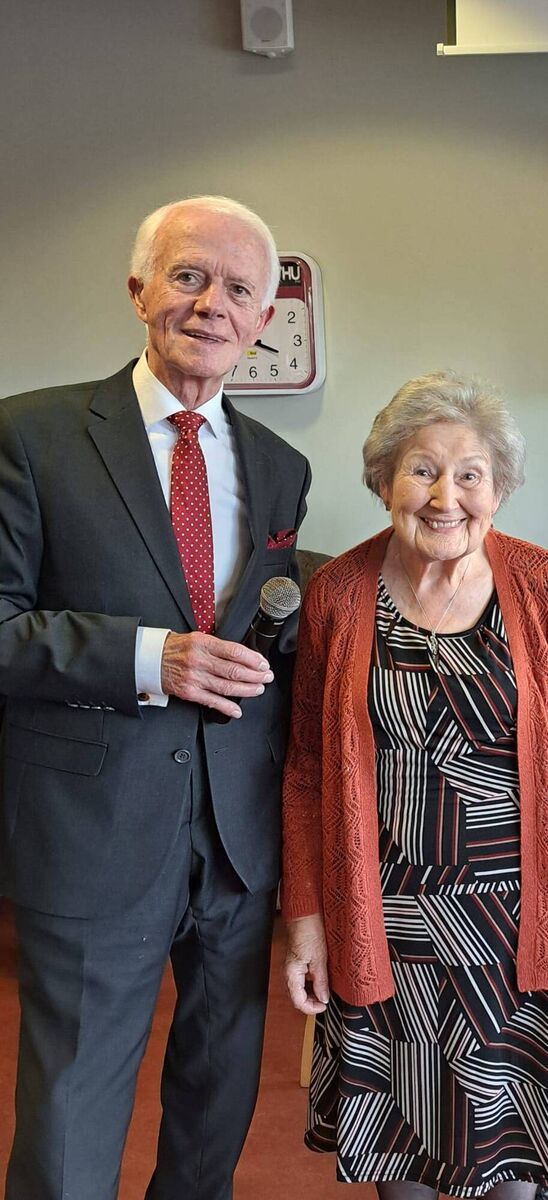 Paddy O’Brien, organiser of the over 60s nursing home concerts with 92-year-old Mary Conway performing at the Farranlea Nursing Home recently. Mary represented Blarney in the Over 60s Talent Competition in 2009 and won.