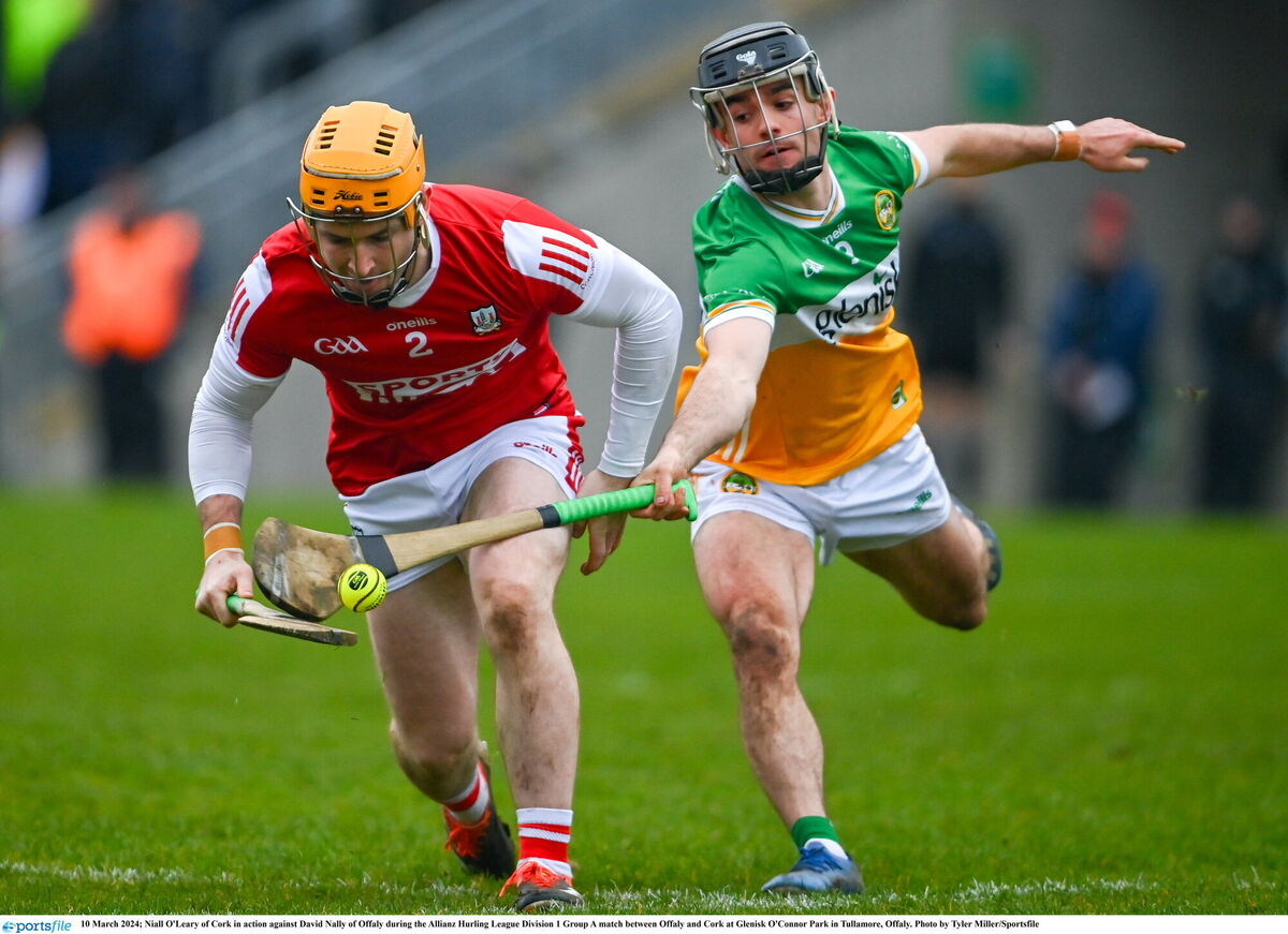 Niall O'Leary of Cork in action against David Nally of Offaly in the Allianz HL Division 1 Group A game at Glenisk O'Connor Park in Tullamore. Picture: Tyler Miller/Sportsfile Niall O'Leary of Cork in action against David Nally of Offaly in the Allianz HL Division 1 Group A game at Glenisk O'Connor Park in Tullamore. Picture: Tyler Miller/Sportsfile