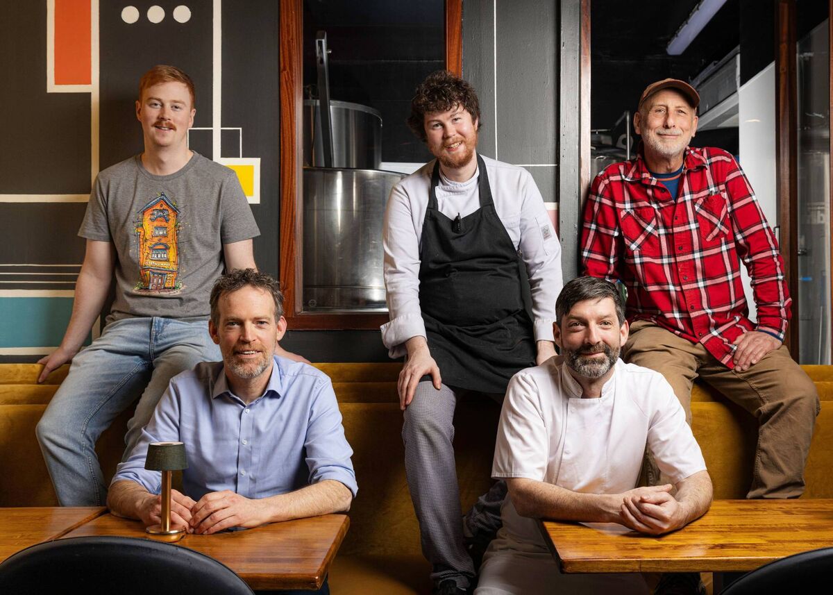 Back row: Ronan Sharpe (Restaurant Manager), Harrison Sharpe (Head Chef), Russell Garet (Head Brewer). Bottom Row: Conrad Howard (Founder of Market Lane Group of restaurants, including Elbow Lane Smokehouse &amp; Brewery), Stephen Kehoe (Executive Chef, Market Lane Group).