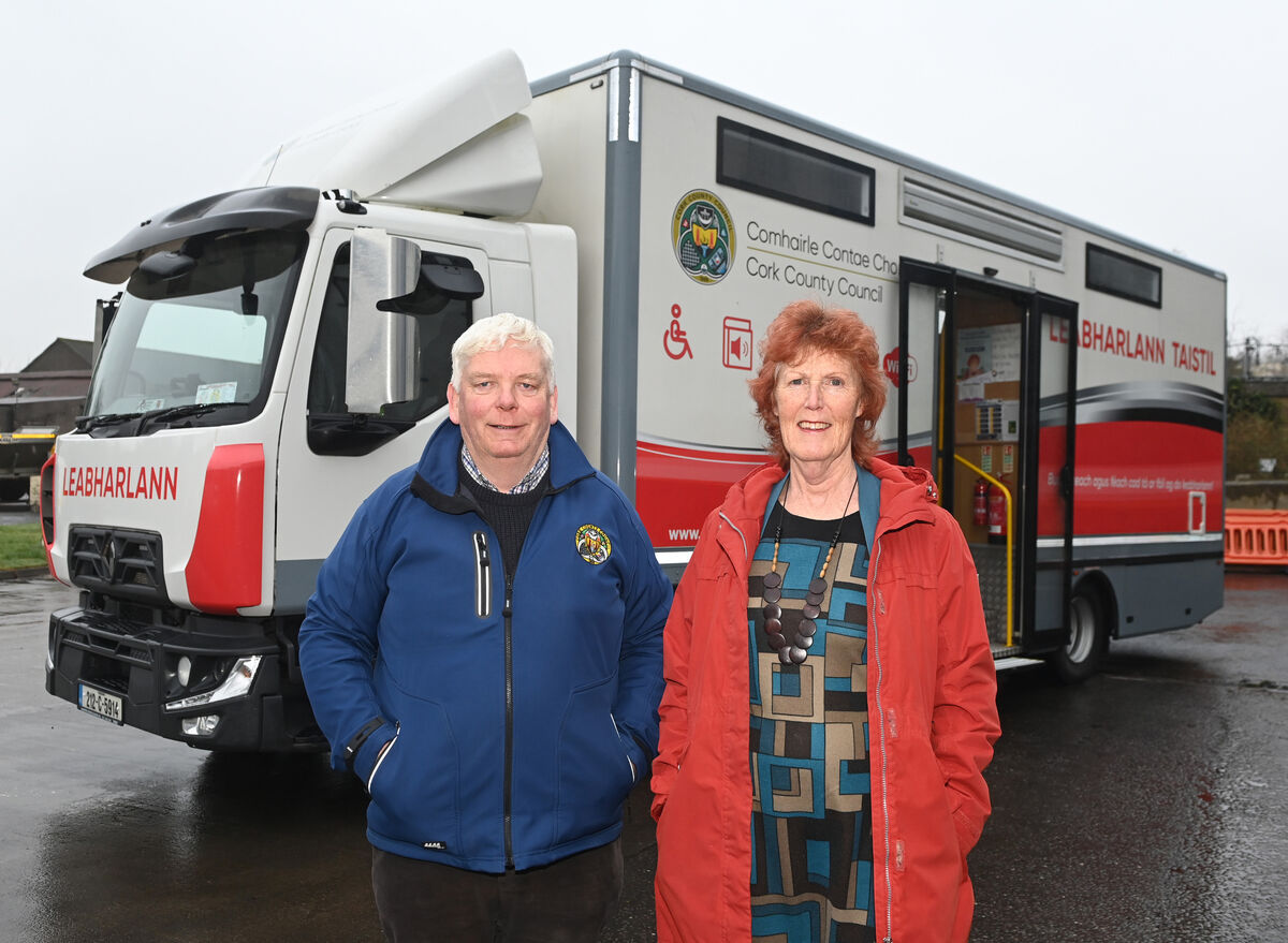 Librarian Christine Cronin with driver Tommy Cronin at the Cork County mobile library. Picture; Eddie O'Hare