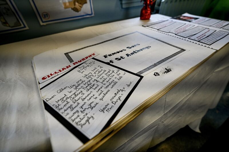 Messages of congratulations on display in St Anthony’s boys primary school today following past pupil, Cillian Murphy’s Oscar win last night. Picture by Chani Anderson