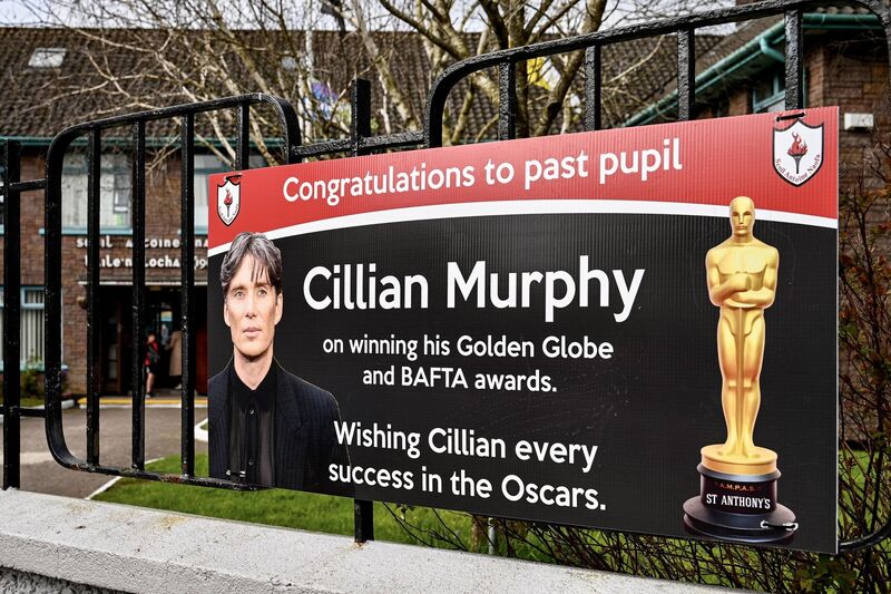 Messages of congratulations on display in St Anthony’s boys primary school today following past pupil, Cillian Murphy’s Oscar win last night. Picture by Chani Anderson