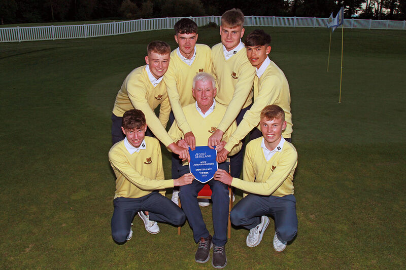 Monkstown Boys Foursomes team pictured with Pat O'Keeffe after winning Munster East title. Picture: Niall O'Shea Monkstown Boys Foursomes team pictured with Pat O'Keeffe after winning Munster East title. Picture: Niall O'Shea