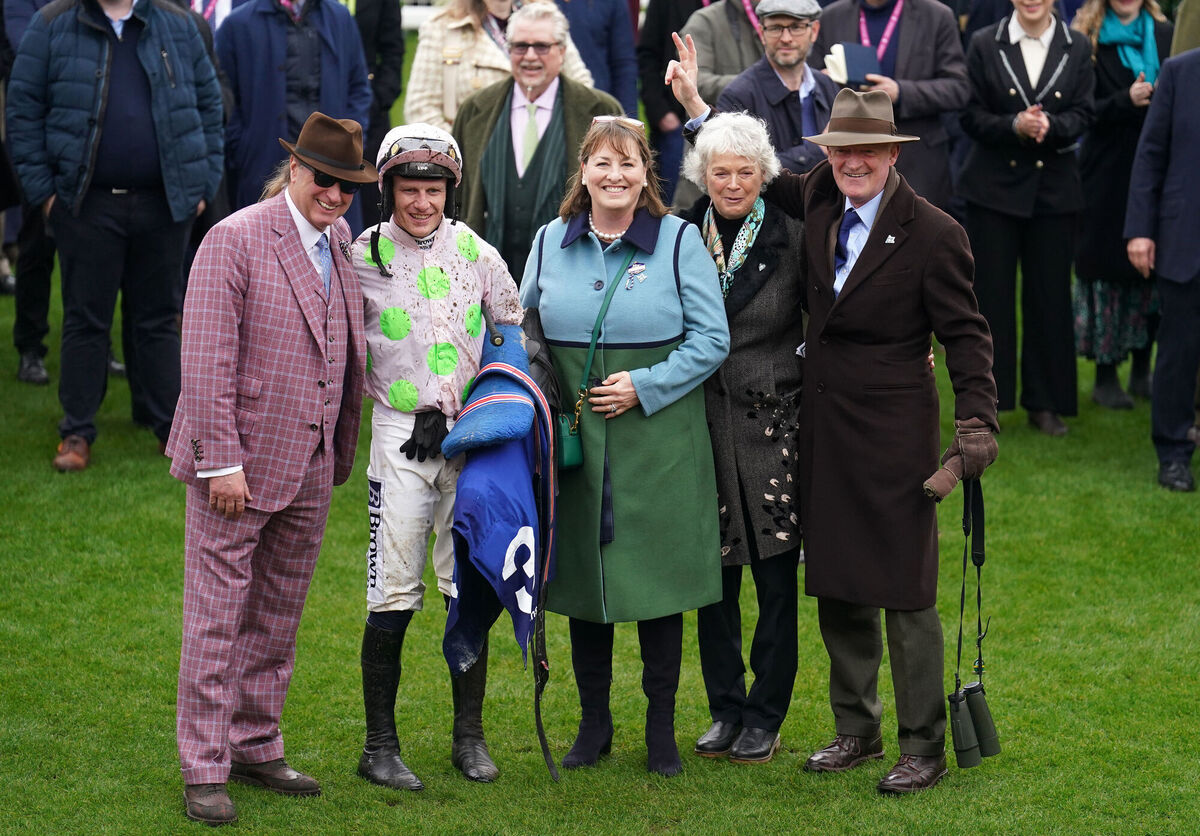 Left to right, Ricci Rich, jockey Paul Townend, owner Susannah Ricci, Jackie Mullins and trainer Willie Mullins after winning the My Pension Expert Arkle Challenge Trophy Novices' Chase with Gaelic Warrior on day one of the 2024 Cheltenham Festival at Cheltenham Racecourse
