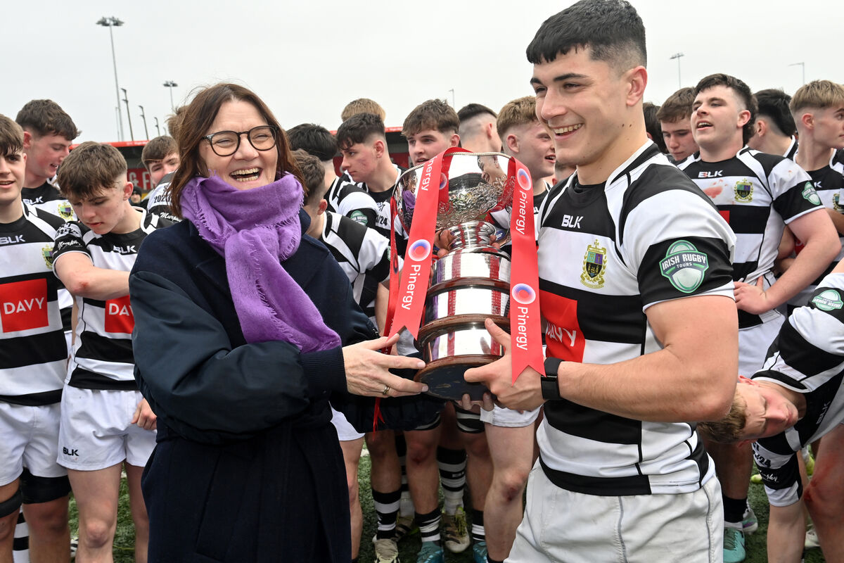 PBC captain Gen O'Leary Kareem receiving the trophy from his mother Cecilia after their victory over CBC in the Pinergy Munster Schools Senior Cup final at Virgin Media Park, Cork. Picture Dan Linehan PBC captain Gen O'Leary Kareem receiving the trophy from his mother Cecilia after their victory over CBC in the Pinergy Munster Schools Senior Cup final at Virgin Media Park, Cork. Picture Dan Linehan