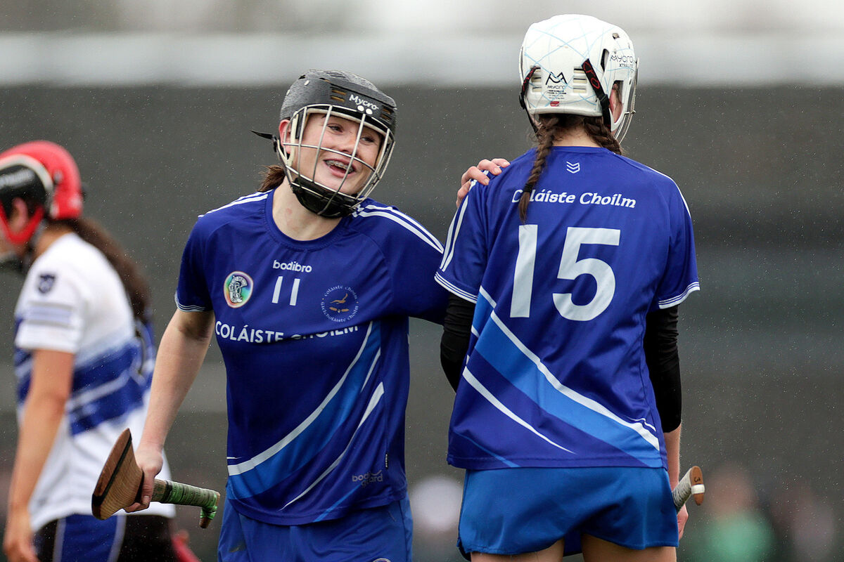 Coláiste Choilm's Leah Hannigan celebrates scoring a goal with Rachel Murphy. Picture: INPHO/Laszlo Geczo