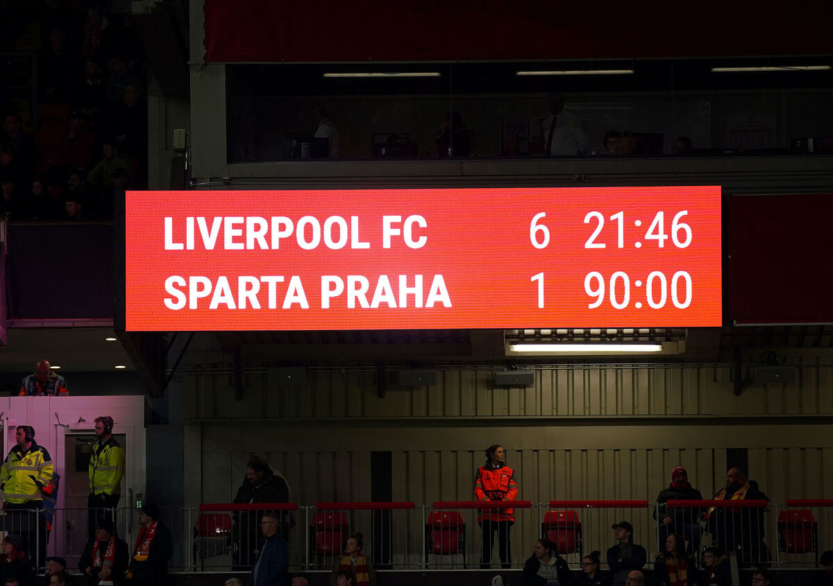 The Anfield scoreboard, reading Liverpool 6-1 against  Sparta Prague at full time (11-2 on aggregate) following the UEFA Europa League Round of 16, second leg match at Anfield, Liverpool. Picture : Peter Byrne/PA Wire.