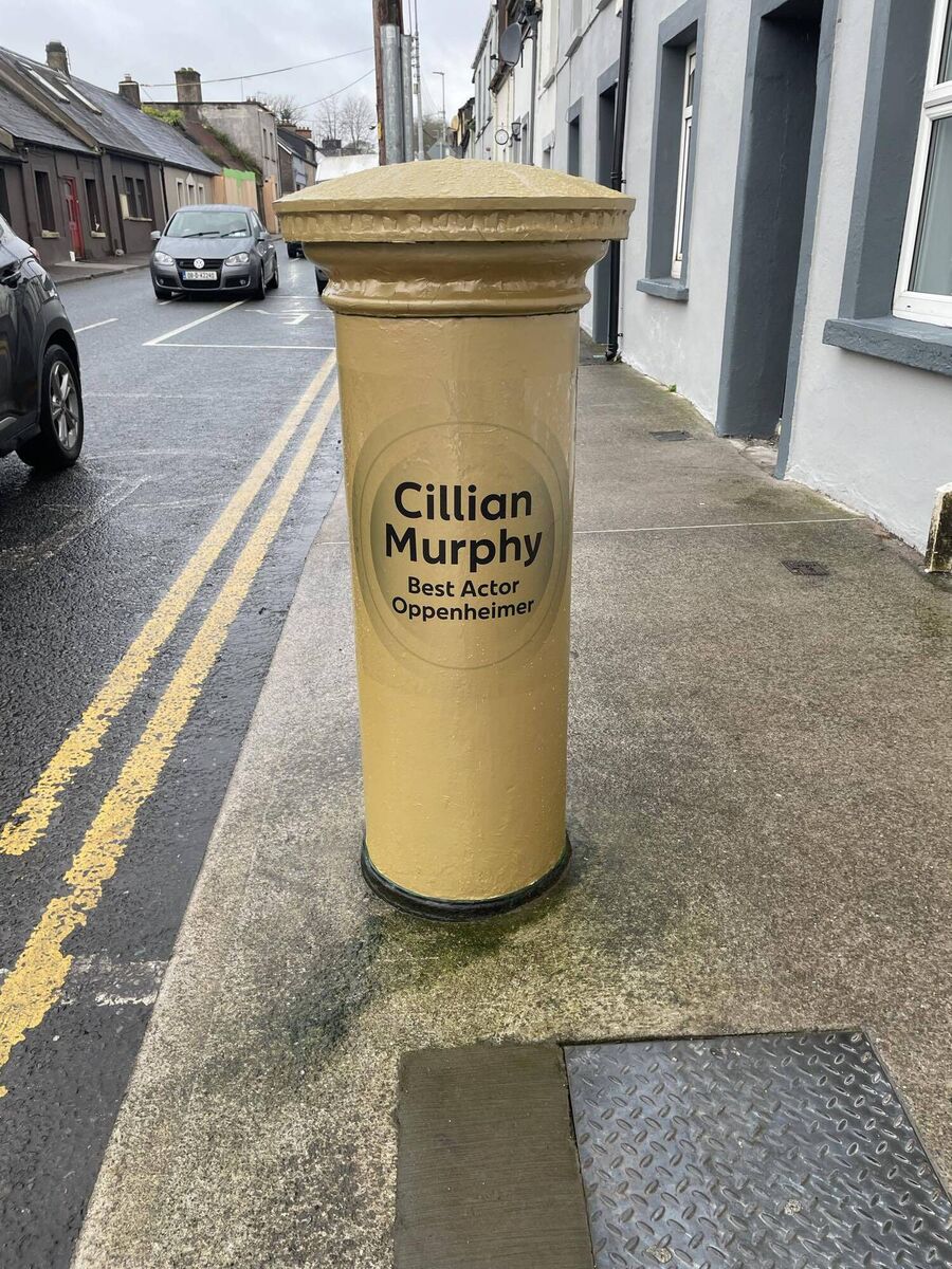 The post box outside Ballintemple Post Office has been covered in gold wrap in honour of Cillian Murphy’s Oscar win. Picture: Amy Power The post box outside Ballintemple Post Office has been covered in gold wrap in honour of Cillian Murphy’s Oscar win. Picture: Amy Power