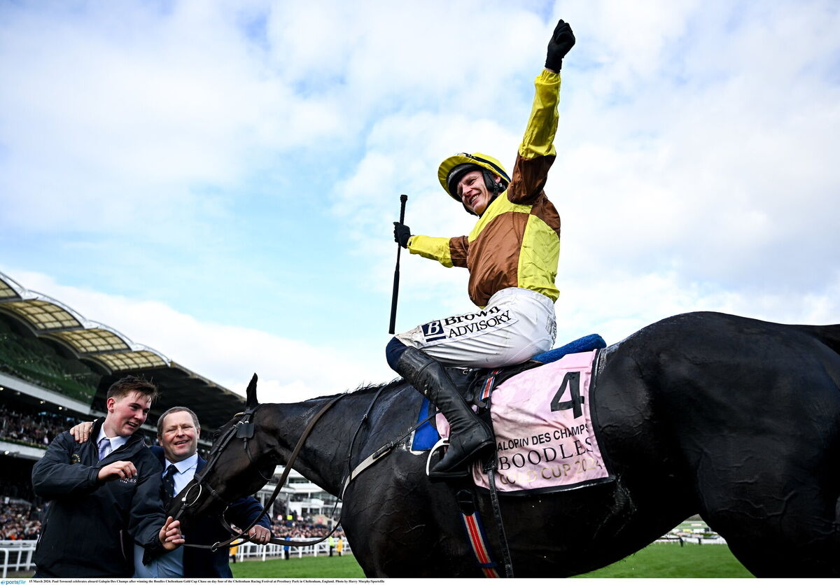 Paul Townend celebrates aboard Galopin Des Champs after winning the Boodles Cheltenham Gold Cup Chase. Picture: Harry Murphy/Sportsfile Paul Townend celebrates aboard Galopin Des Champs after winning the Boodles Cheltenham Gold Cup Chase. Picture: Harry Murphy/Sportsfile