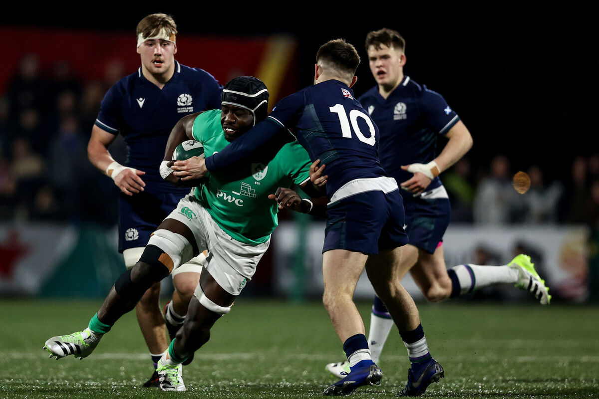 Ireland's Sean Edogbo takes on Isaac Coates of Scotland. Picture: INPHO/Ben Brady