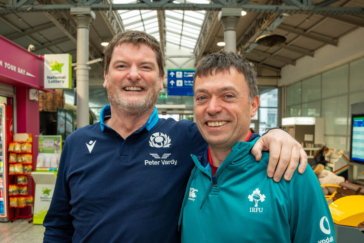  Pals Martin Knox from Glasgow, and Martin Keating from Cork at Kent station before heading to the big Six Nations game between Ireland and Scotland. Picture: Noel Sweeney.