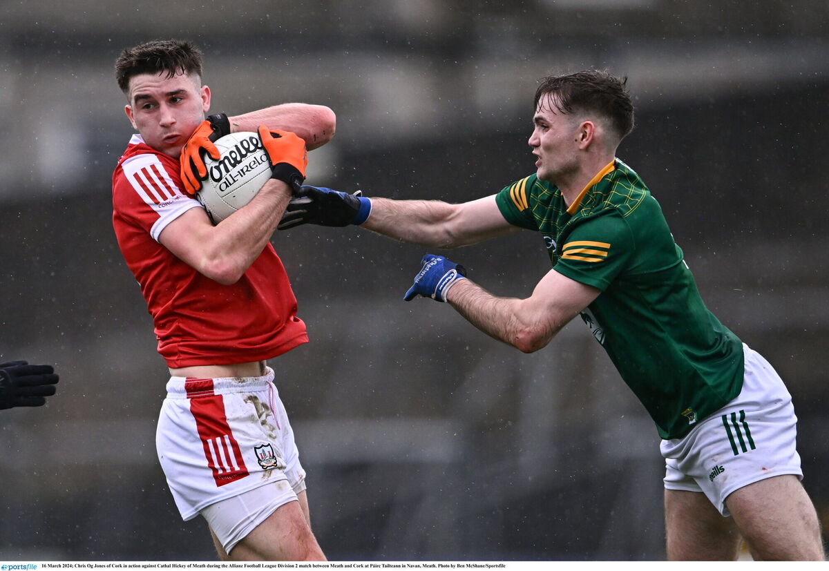 Cork's Chris Óg Jones moves away from Cathal Hickey of Meath during the Allianz Division 2 FL encounter at Páirc Tailteann in Navan. Picture: Ben McShane/Sportsfile